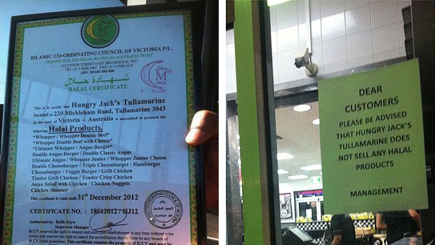 In dispute ... Photos of the halal certificate in question, and a sign advising customers that halal products are not on sale at Hungry Jack's in Tullamarine, have been posted online.