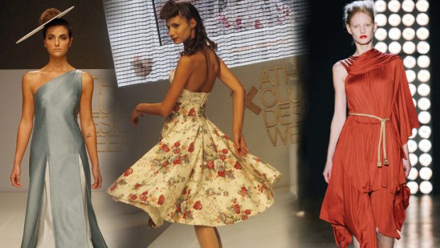 From left: a dress by Athens designer Lila Nova, a dress by Tammy's Archive and Greek designer Sophia Kokosalaki showed in Athens.