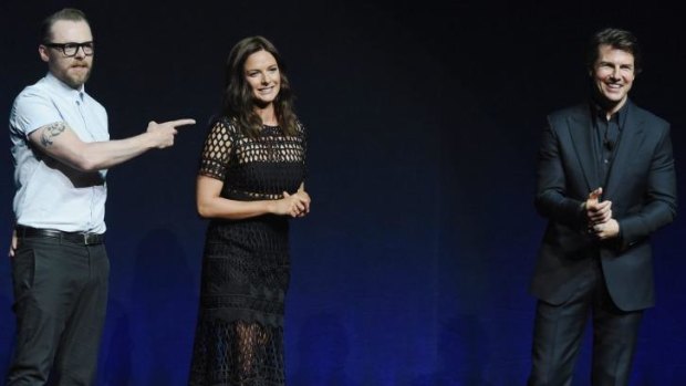 <i>Mission Impossible</i> actors Simon Pegg, Rebecca Ferguson and Tom Cruise address The State of the Industry: Past, Present and Future and Paramount Pictures Presentation during CinemaCon, in Las Vegas, Nevada.