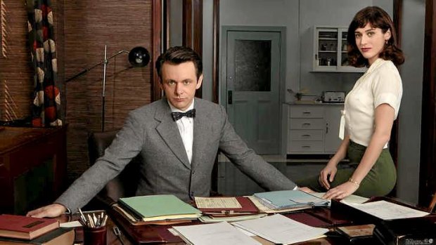 Michael Sheen as Dr. William Masters and Lizzy Caplan as Virginia Johnson in <i>Masters of Sex</i>.