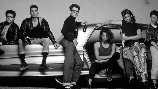 Lead singer of INXS, Michael Hutchence (centre), in the early years.