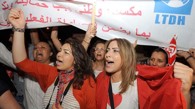 Fighting for their rights &#8230; Tunisian women march during a protest against a proposed article included in a new draft constitution which they say is an Islamist ploy.