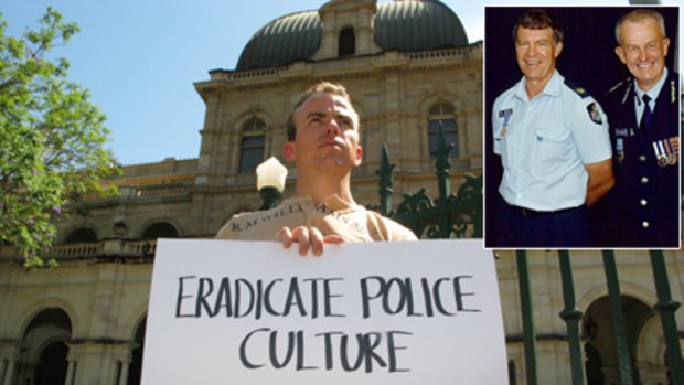 Steven Isles protests at State Parliament and (inset) his father Mick Isles with Police Commissioner Bob Atkinson.