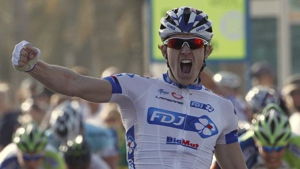French rider Arnaud Demare of the FDJ-BigMat team celebrates after winning the sixth stage of the Tour of Qatar.