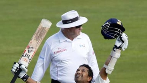 Sachin Tendulkar looks to the heavens after reaching his 50th Test century.