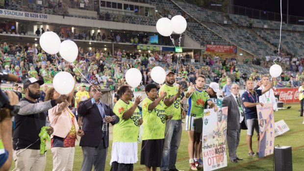 Kato Ottio tribute - Australian National Rugby League (NRL) Round 2 - Canberra Raiders vs Newcastle Knights. Match was played on Sunday night at GIO Stadium, Canberra, ACT, Australia on 18 March 2018. Photo: Ben Southall | Raiders Media The Canberra Raiders paid tribute to Kato Ottio following their NRL clash with the Newcastle Knights.