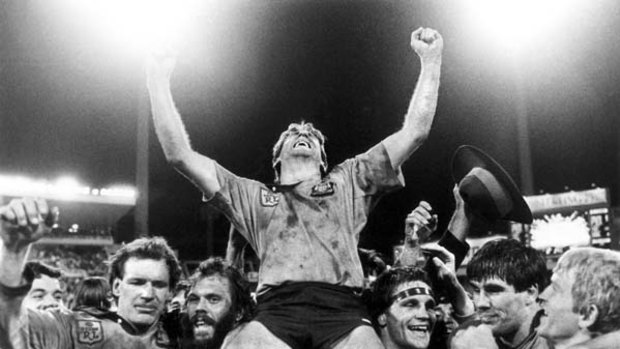 Captain Steve Mortimer and teamates (L to R) Peter Wynn, Noel Cleal, Wayne Pearce, Pat Jarvis and Garry Jack celebrate NSW's first ever State of Origin Series win over QLD with a 21-14 result in game two at the SCG on Jun 11, 1985.