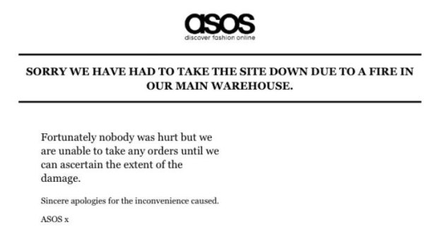 ASOS' website has been taken down and replaced by this holding page after a fire.
