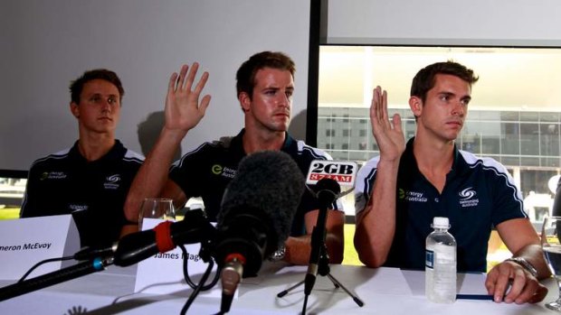 Cameron McEvoy, James Magnussen and Eamon Sullivan at the press conference.
