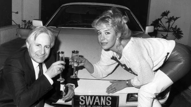 Those were the days ... Geoffrey Edelsten and former wife Leanne toast buying the Sydney Swans licence in 1986 ... and went about promoting the club in all sorts of ways