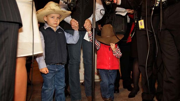 William Brett, 4, and Lachlan, 2, visit  Parliament House with their cattle-producer mother to lobby over live cattle exports.