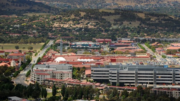 The view of Tuggeranong Town Centre from on top of Urambi Hills Nature reserve Canberra.                                    