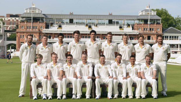 Unenviable record: The Australian squad pose for a team picture at the second Ashes Test at Lord’s and are on course to set a new record as the first team to lose four Ashes Tests in England.