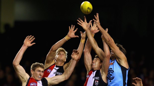 Crowded out: Nick Riewoldt, second from left, is a key assignment for any opponent.