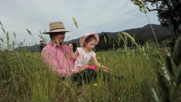 Tidbinbilla Station owner Michael Shanahan and his four-year-old daughter Tess among the long grass on the property.