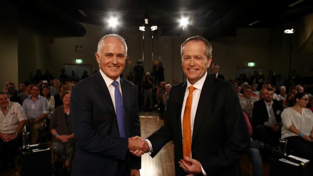 Prime Minister Malcolm Turnbull and Opposition Leader Bill Shorten shake hands at the start of the People's Forum debate at the Windsor RSL in Sydney in May.