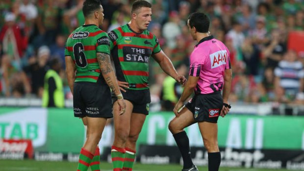 Putting the boot in?: Sam Burgess attracted plenty of attention following Friday's showdown with the Roosters.