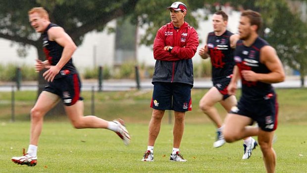 Watchful eye: Melbourne coach Paul Roos at training.