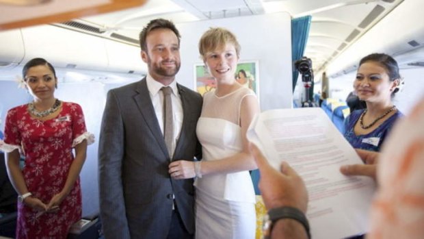 Here comes the bride, again: Alex Pelling and Lisa Gant on an Air Tahiti Nui flight.