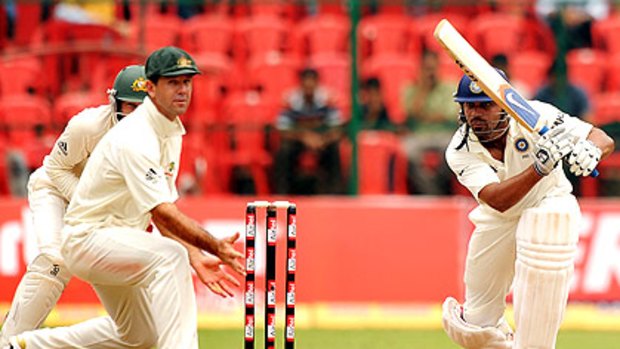 Indian batsman Murali Vijay plays a drive on the final day of the second Test against Australia yesterday. Indian won the match by seven wickets, and the series 2-0.