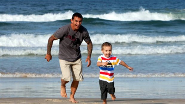 Game on . . . Mat Rogers and son Max.