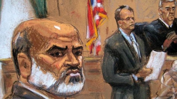 In this courtroom drawing, Sulaiman Abu Ghaith listens as the guilty verdict against him is read out in New York.