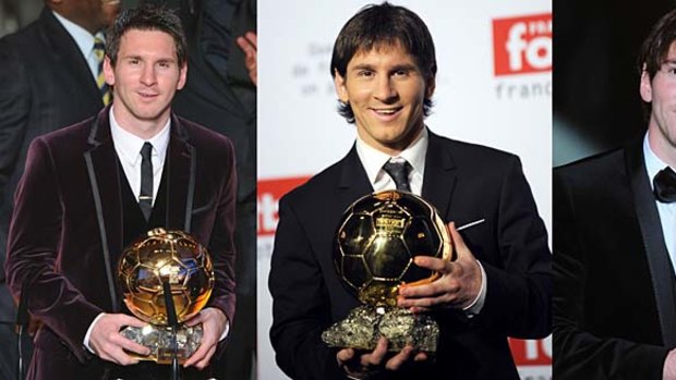 Barcelona's Argentinian forward Lionel Messi with the Ballon d'Or trophy (From L) on January 9, 2012, on December 6, 2009 and on January 10, 2011.