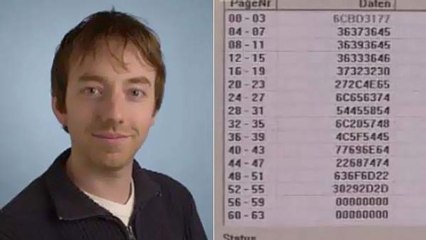 Mark Gasson pictured with the virus code captured in a BBC video.
