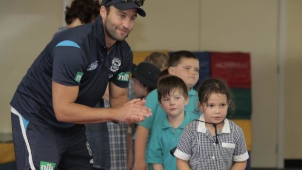 Fronting up: Geelong champion Jimmy Bartel has some tips for Warrnambool West Primary pupils.