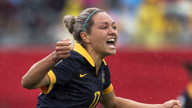 Australia's Kyah Simon is jubilant  after scoring against Brazil in the Women's World Cup in Moncton, Canada, on Sunday. 