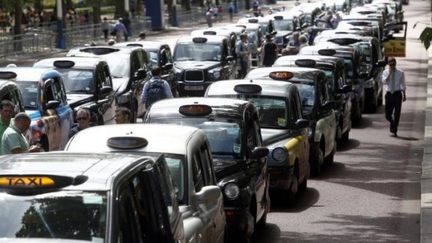 London taxi cabs parked in protest against Uber.