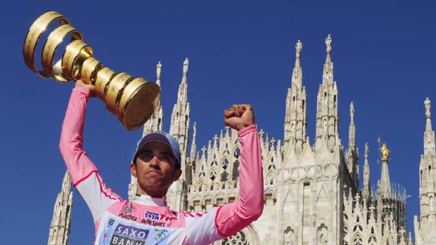 Spaniard Alberto Contador celebrates his Giro d'Italia win.