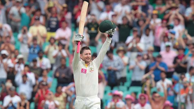 Who's heckling now? ... Michael Clarke brings up his 200 at the SCG.
