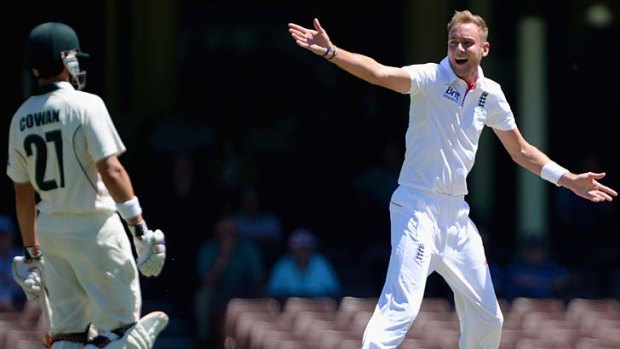 Early form: Stuart Broad of England successfully appeals for the wicket of Callum Ferguson.