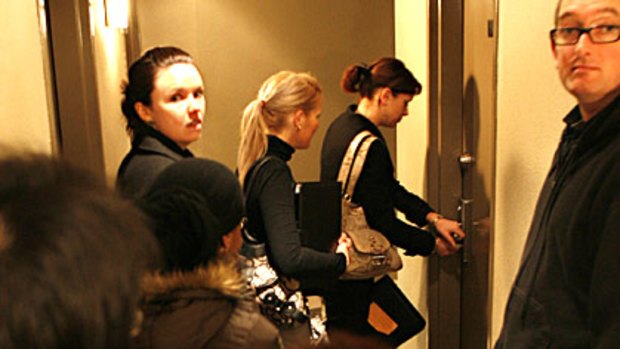 A long queue of people wait to inspect an apartment in Collins Street in May last year.