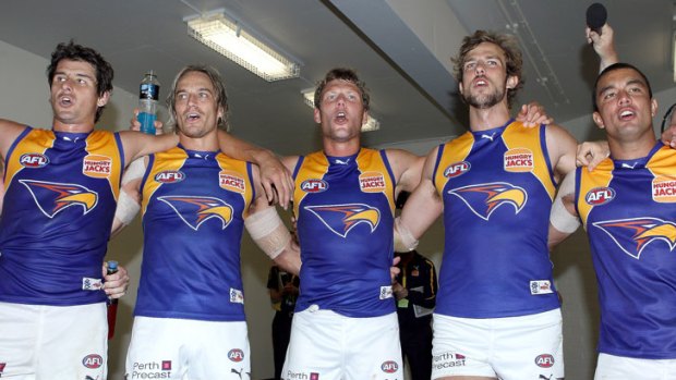 Eagles players sing the club song to celebrate winning the round two AFL match between Port Adelaide Power and the West Coast Eagles at AAMI Stadium on April 2, 2011 in Adelaide, Australia. <i>Photo: Getty Images.</i>