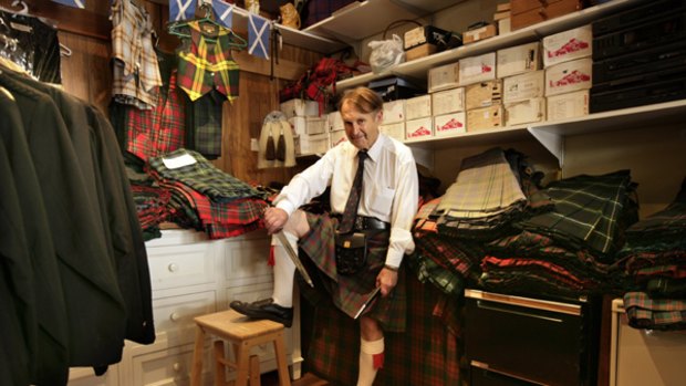 Business is brisk ... Jonathan Fowler, in his Drummoyne shop, has working knowledge of 600-odd tartans that collectively make up the kilts of about 170 clans.