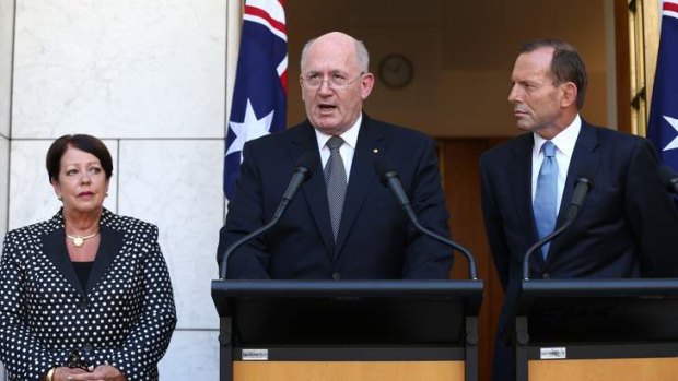 Peter Cosgrove, his wife Lynne and Tony Abbott last month when the Prime Minister named Cosgrove as the next governor-general.