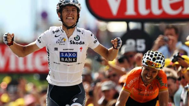 Andy Schleck of Luxembourg outsprints Samuel Sanchez Gonzalez of Spain to win stage eight, 10 seconds ahead of Cadel Evans. Schleck has moved to second place overall.