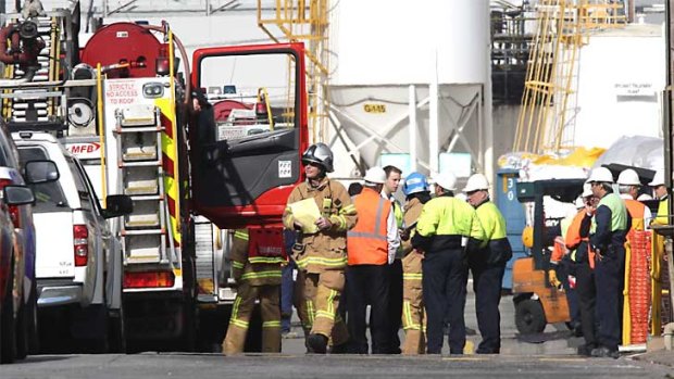 Emergency service crews at the Nufarm site in Laverton where a man was killed.