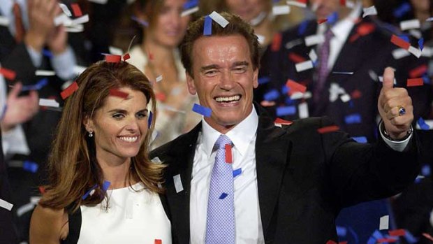 Arnold Schwarzenegger and Maria Shriver celebrate his victory in the 2003 California gubernatorial election.