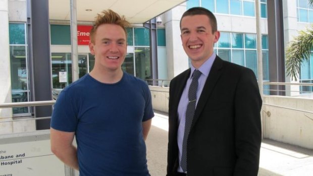 Nurse Chris Goodall (left) and former patient James Aitken reunited at the Royal Brisbane and Women's Hospital.