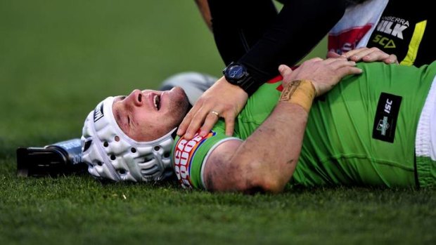 Raiders centre Jarrod Croker after being kneed in the face against the Sharks on Sunday. Croker suffered a fractured cheekbone in the collision.