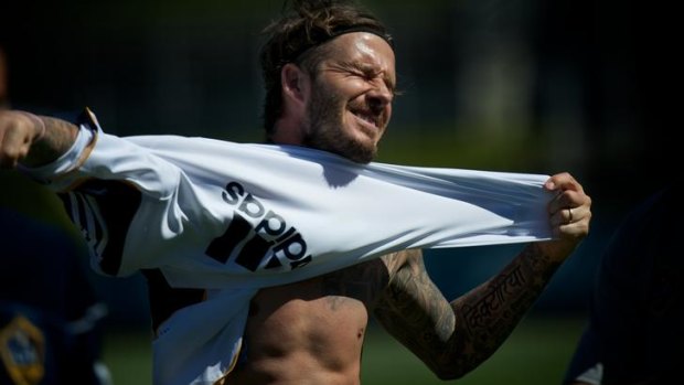 Soccer Superstar David Beckham from L.A Galaxy trains at Carlton's home ground in Melbourne before his game against Melbourne Victory.