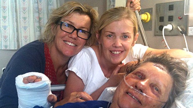 Anne Malcolm, injured after falling from the fifth floor of the CTV building, recovers in hospital with her daughters Robyn Malcolm (left), a popular TV star, and Jenny.