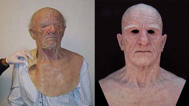 A man in custody with his disguise, left, and right, the Jerry Atrick mask being sold on SPFX Masks.