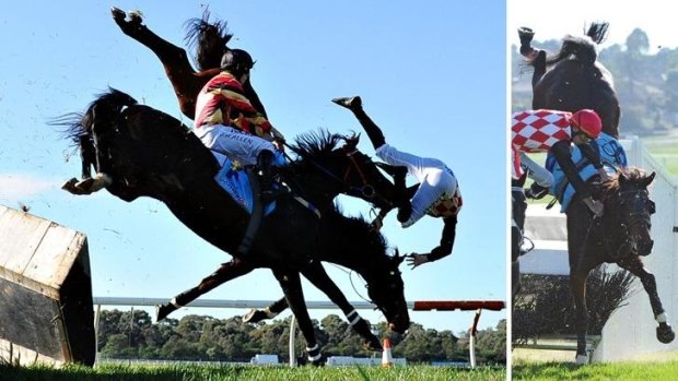 These two images show Show Dancer crashing through the steeple jump at Sandown.