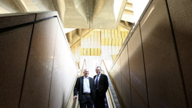 Being there...Jan Utzon and the Opera House chief executive, Richard Evans, tour the new wing.