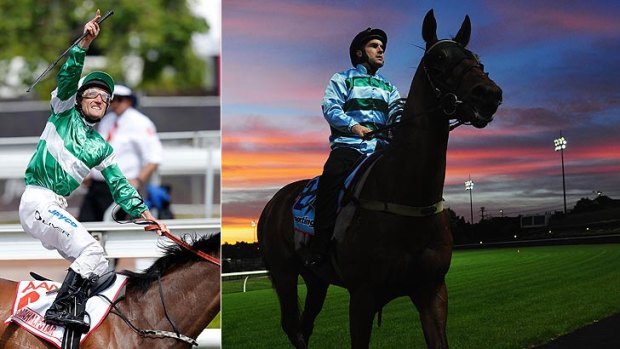 Damien Oliver salutes his late brother Jason after the Victoria Derby win on the weekend and (right) WA's fledgling star Ethiopia works at Moonee Valley before the Cox Plate.