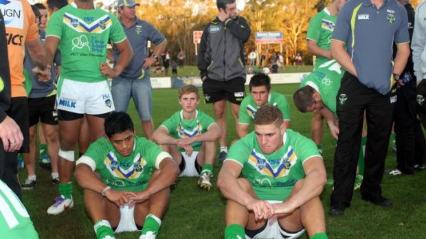 The Raiders SG Ball team looks dejected after their grand final loss to the Balmain Tigers